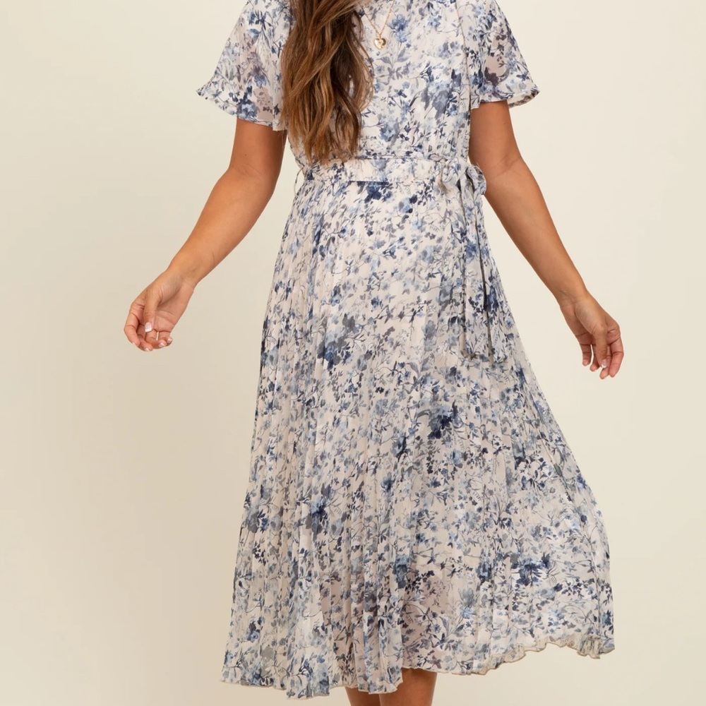 Cream Floral Pleated Maternity Midi Dress